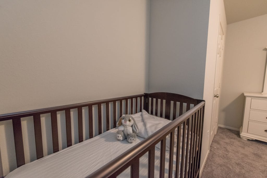 Cozy nursery featuring a clean crib with a plush toy, perfect for families. Soft carpet and gentle colors create a warm atmosphere | Dream TDY