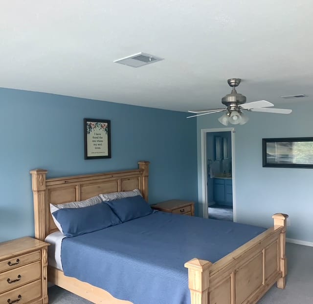 Spacious bedroom with stylish wooden furniture, serene blue walls, and a ceiling fan | Dream TDY