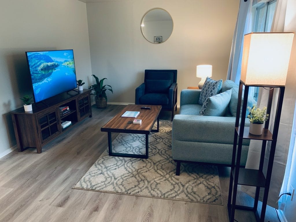 Bright, cozy living space features modern furnishings, large TV, and ample natural light | Dream TDY