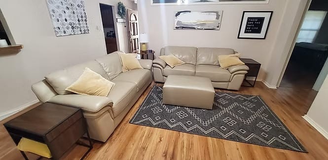 Inviting living room with sleek leather sofas, cozy accents, and modern decor—perfect for relaxation or work | Dream TDY